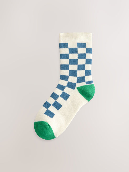 Ecru Bright Checkerboard Cosy Terry Cotton Rich Socks 5 Pack