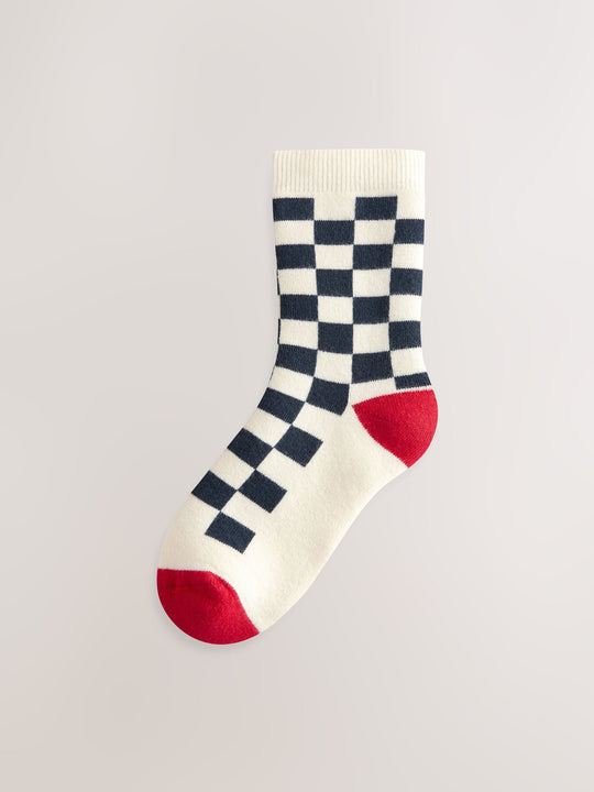 Ecru Bright Checkerboard Cosy Terry Cotton Rich Socks 5 Pack