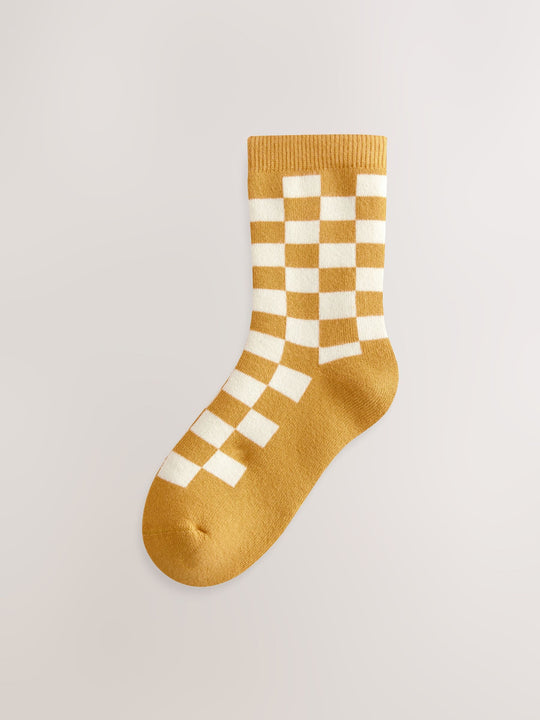 Ecru Bright Checkerboard Cosy Terry Cotton Rich Socks 5 Pack