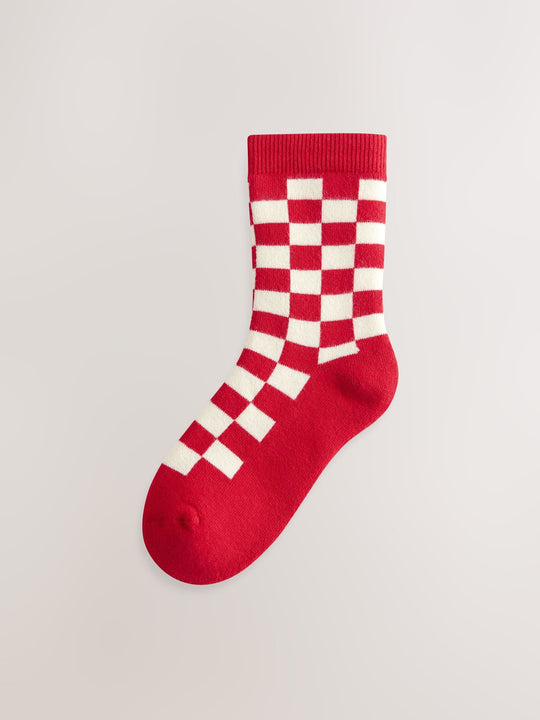 Ecru Bright Checkerboard Cosy Terry Cotton Rich Socks 5 Pack