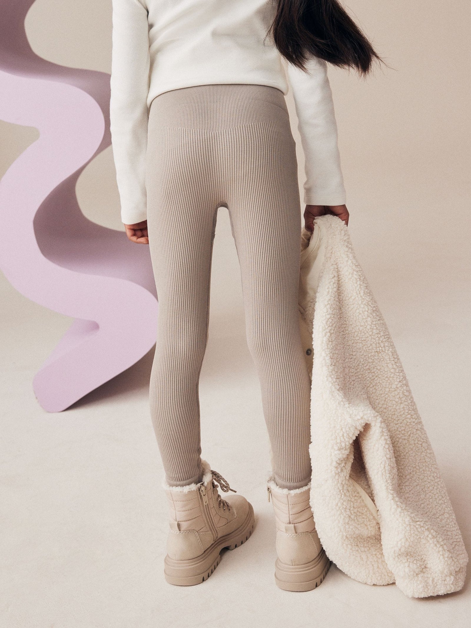 Beige Seamless Ribbed High Waist Leggings (3-16yrs)