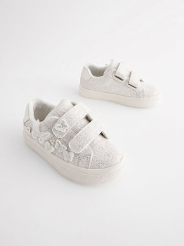 White Glitter Wide Fit (G) Butterfly Touch Fasten Strap Trainers