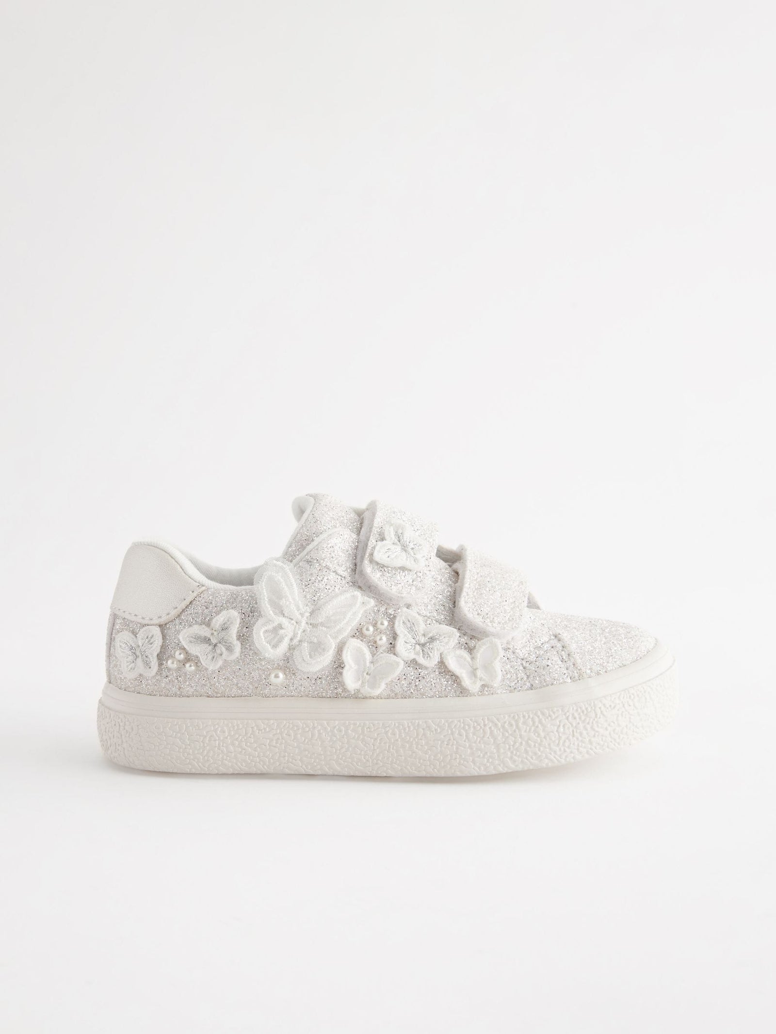 White Glitter Wide Fit (G) Butterfly Touch Fasten Strap Trainers