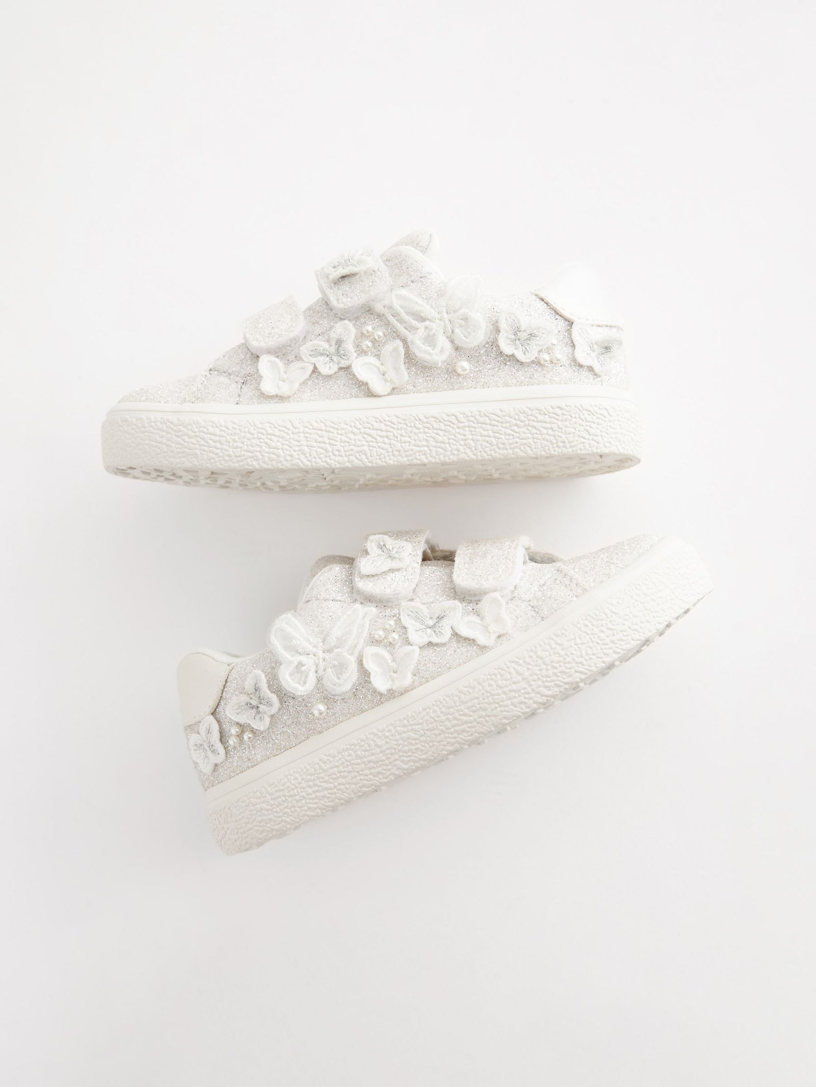 White Glitter Wide Fit (G) Butterfly Touch Fasten Strap Trainers