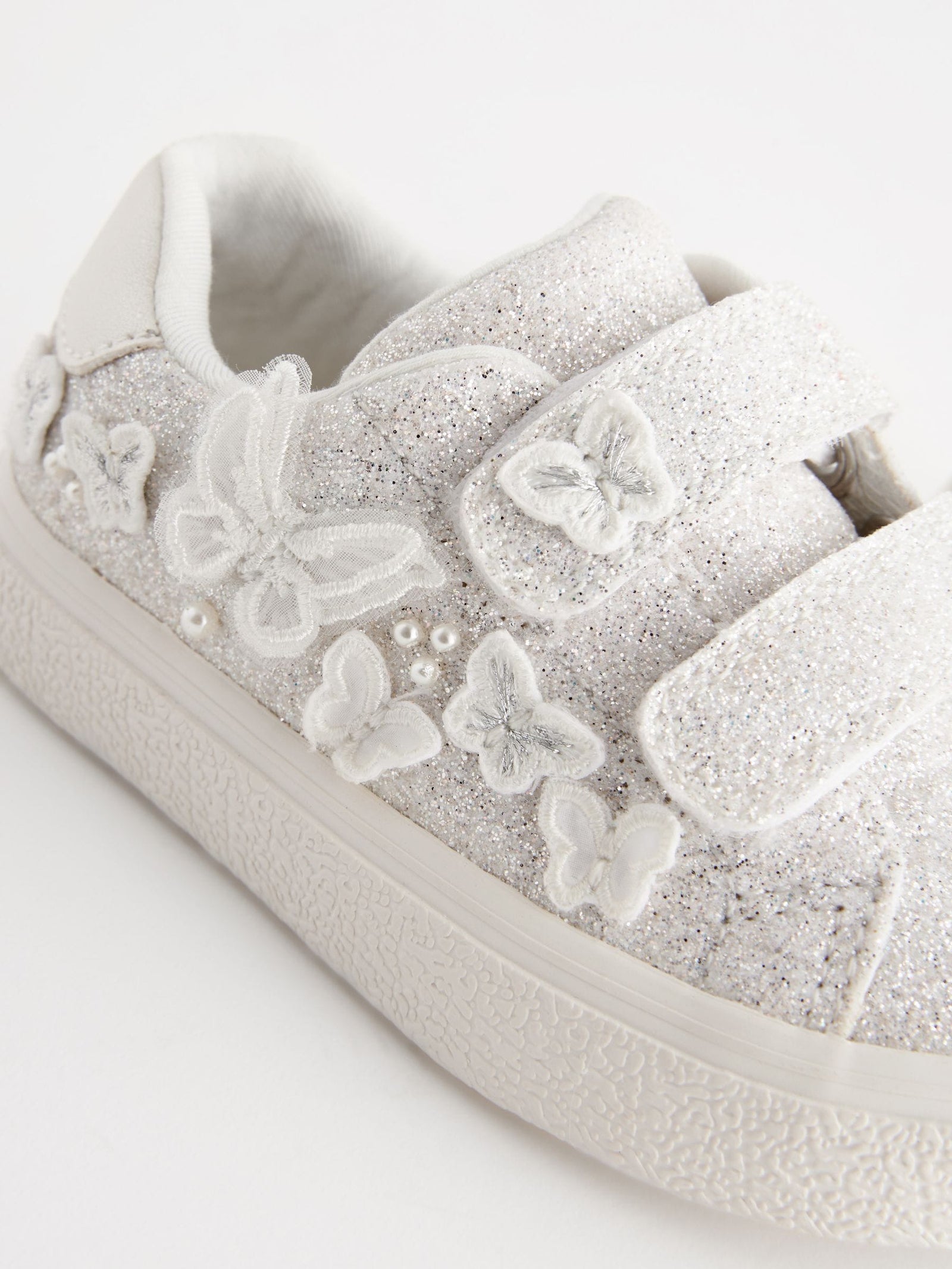 White Glitter Wide Fit (G) Butterfly Touch Fasten Strap Trainers