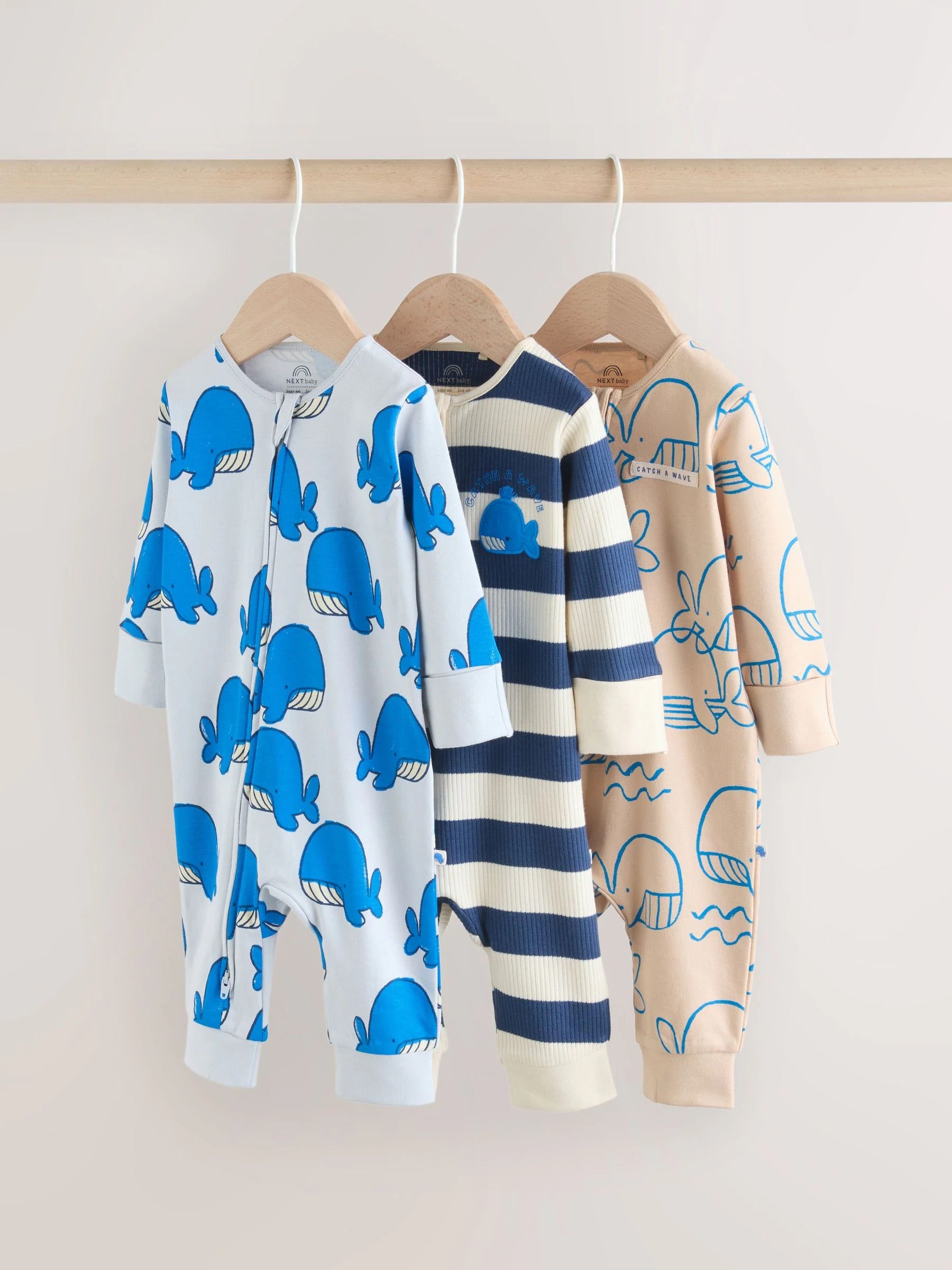 Blue Whale Two Way Zip Baby Sleepsuits 3 Pack (0mths-3yrs)