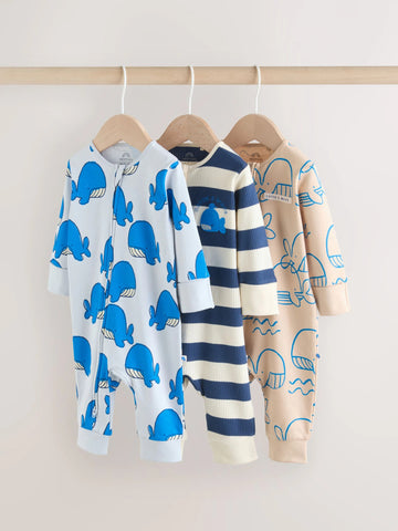Blue Whale Two Way Zip Baby Sleepsuits 3 Pack (0mths-3yrs)