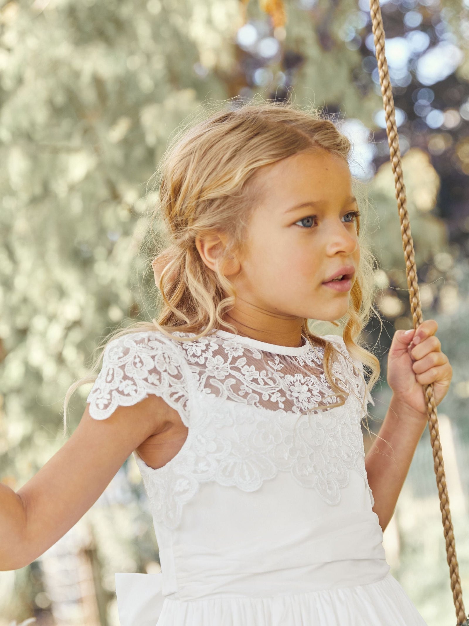 White Lace Bodice Flower Girl Bow Dress (3-16yrs)