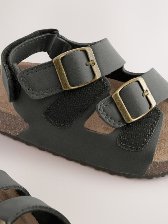 Black Standard Fit (F) Double Buckle Cushioned Footbed Sandals