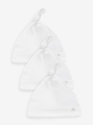 White 100% Cotton Tie Top Baby Hats 3 Pack (0-12mths)