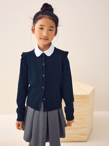Navy Blue Cotton Rich Frill Shoulder School Cardigan (3-16yrs)