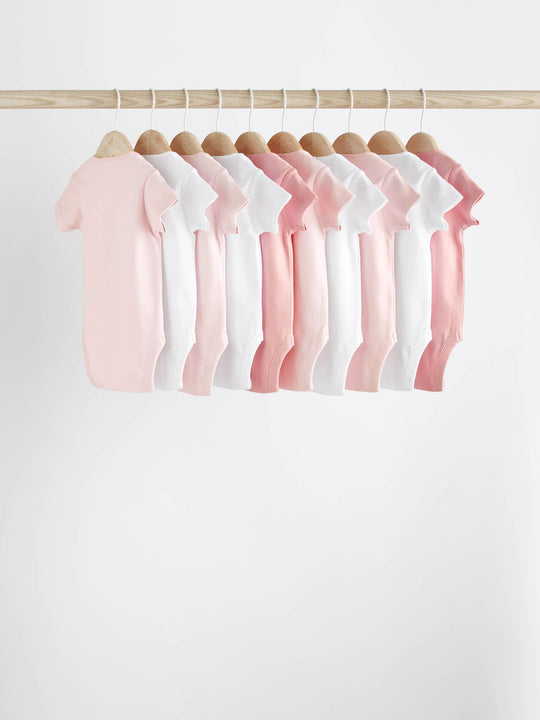Pink/White 10 Pack Essential Short Sleeve Baby Bodysuits