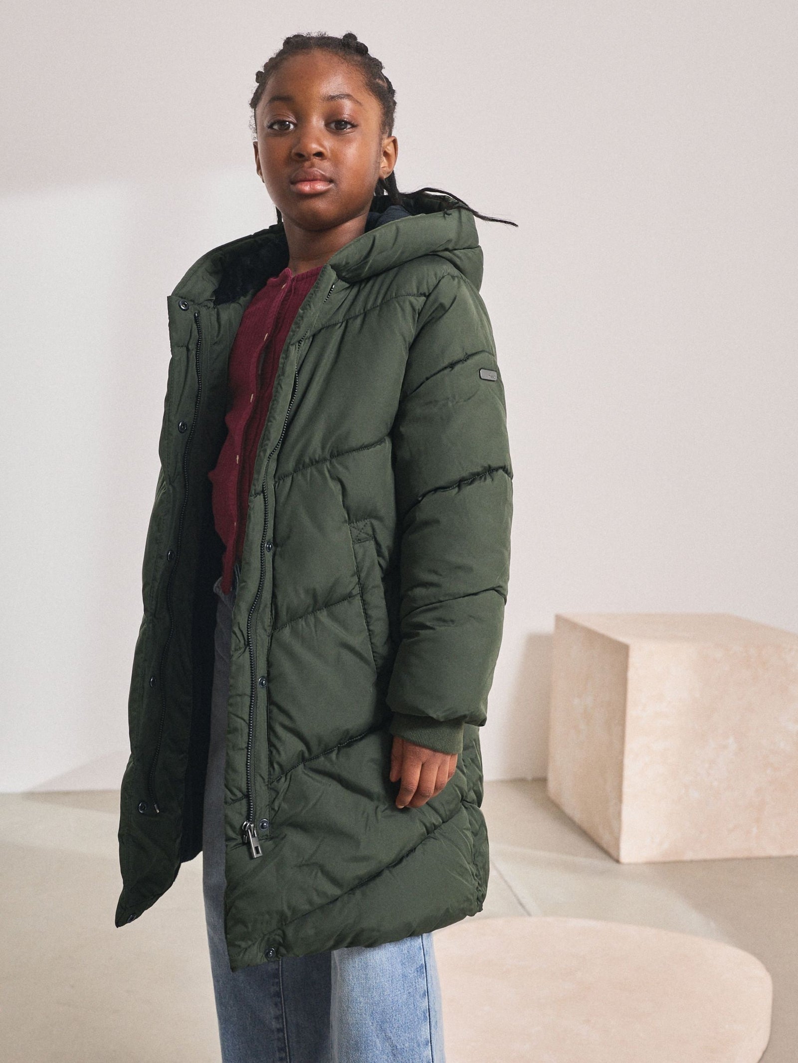 Khaki Green Shower Resistant Faux Fur Lined Hooded Padded Coat (3-16yrs)