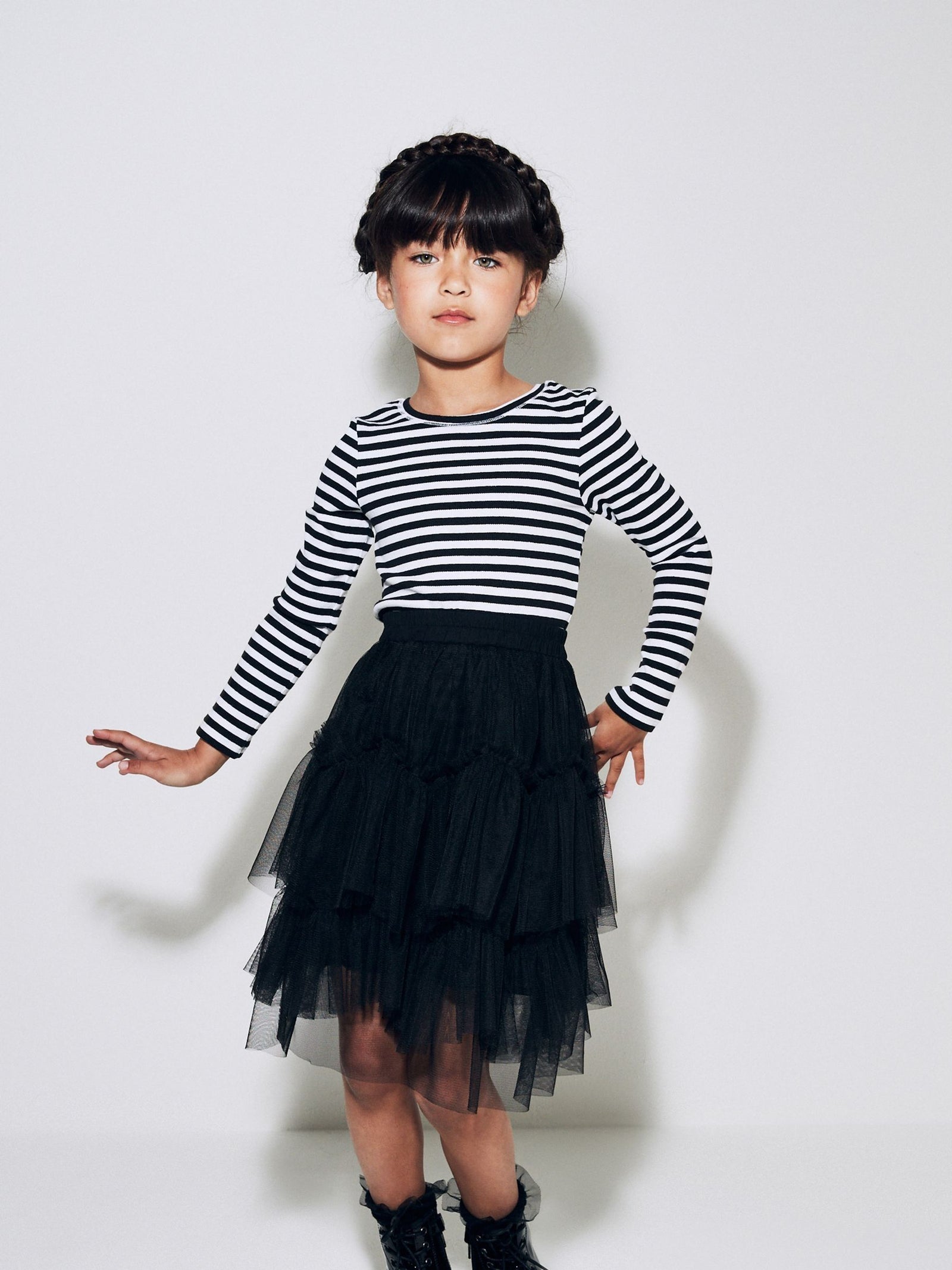 Black/White Stripe Long Sleeve Ribbed Top (3-16yrs)