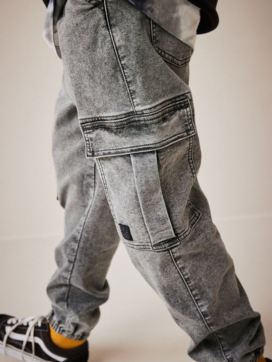 Grey Cargo Jeans With Elasticated Waist (3-16yrs)
