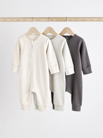 Neutral Baby Footless 2 Way Zip 100% Cotton Sleepsuits 3 Pack (0mths-3yrs)