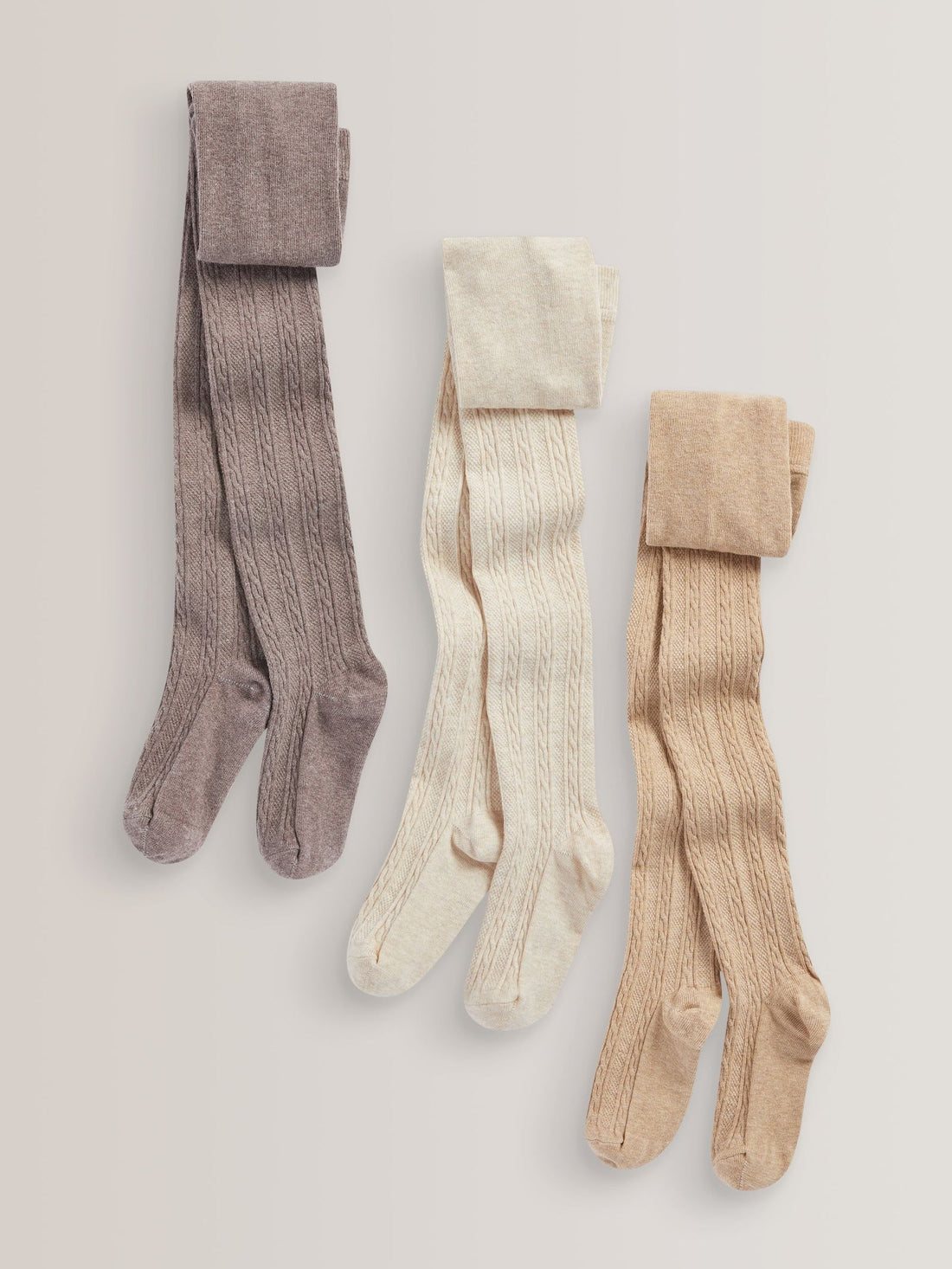 Oatmeal Cream/Brown Regular Length Cotton Rich Cable Tights 3 Pack