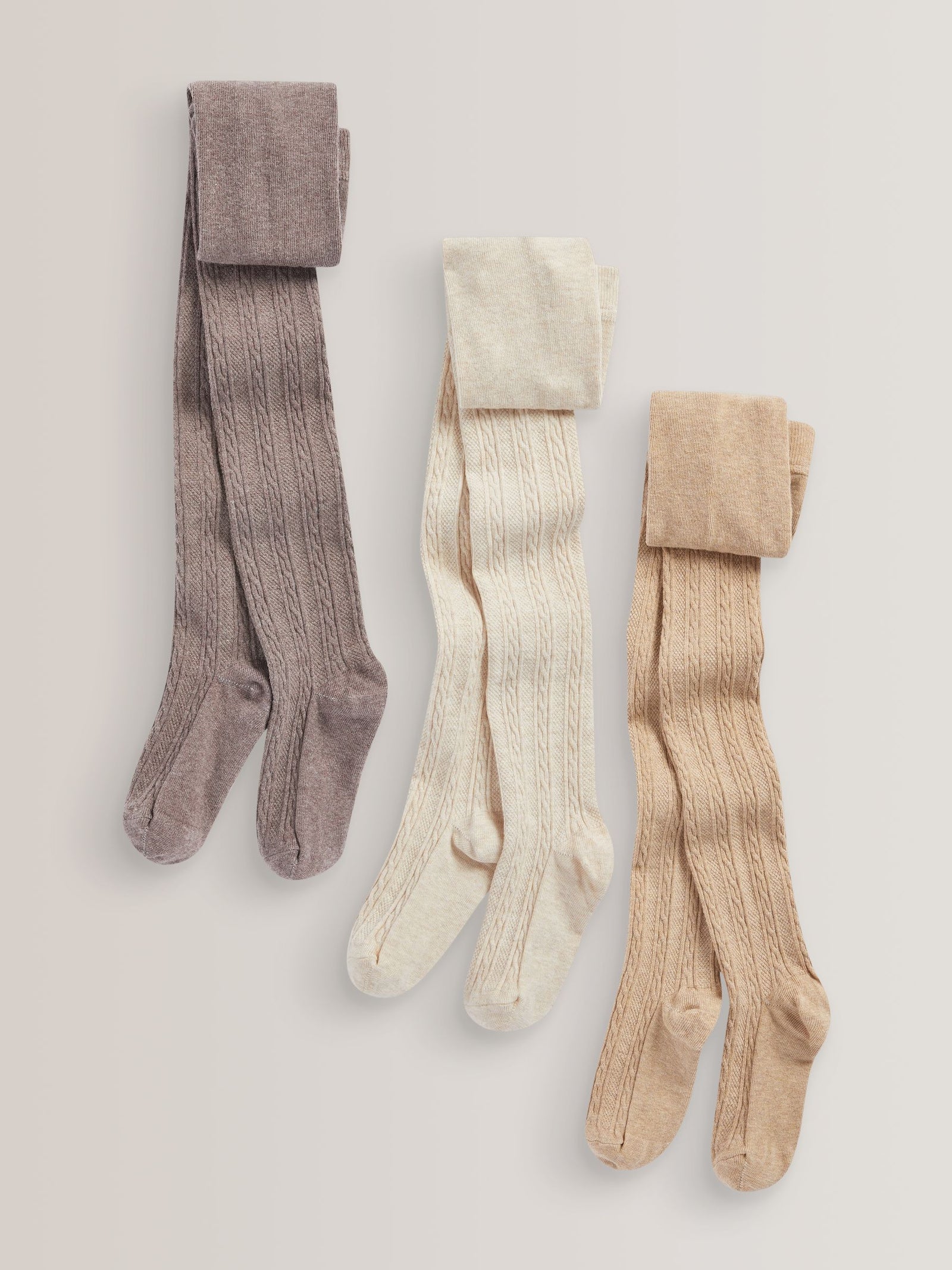 Oatmeal Cream/Brown Regular Length Cotton Rich Cable Tights 3 Pack