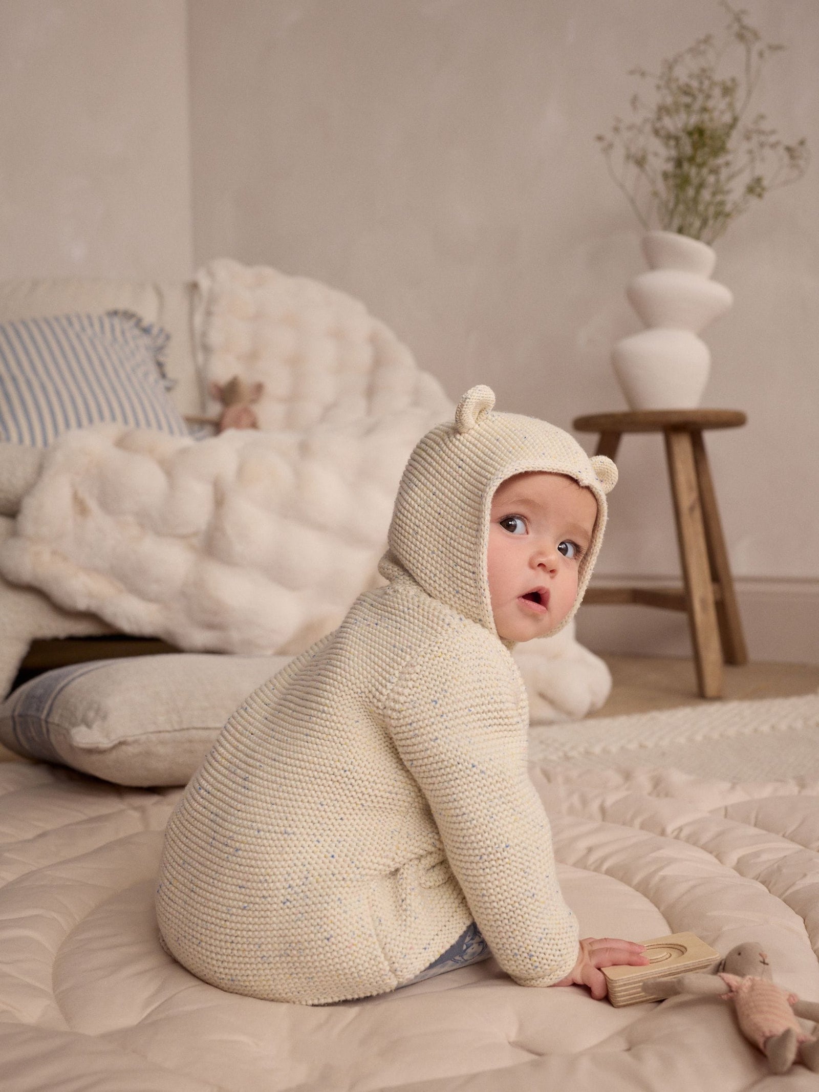 Ecru Neppy Knitted Hooded Baby Cardigan