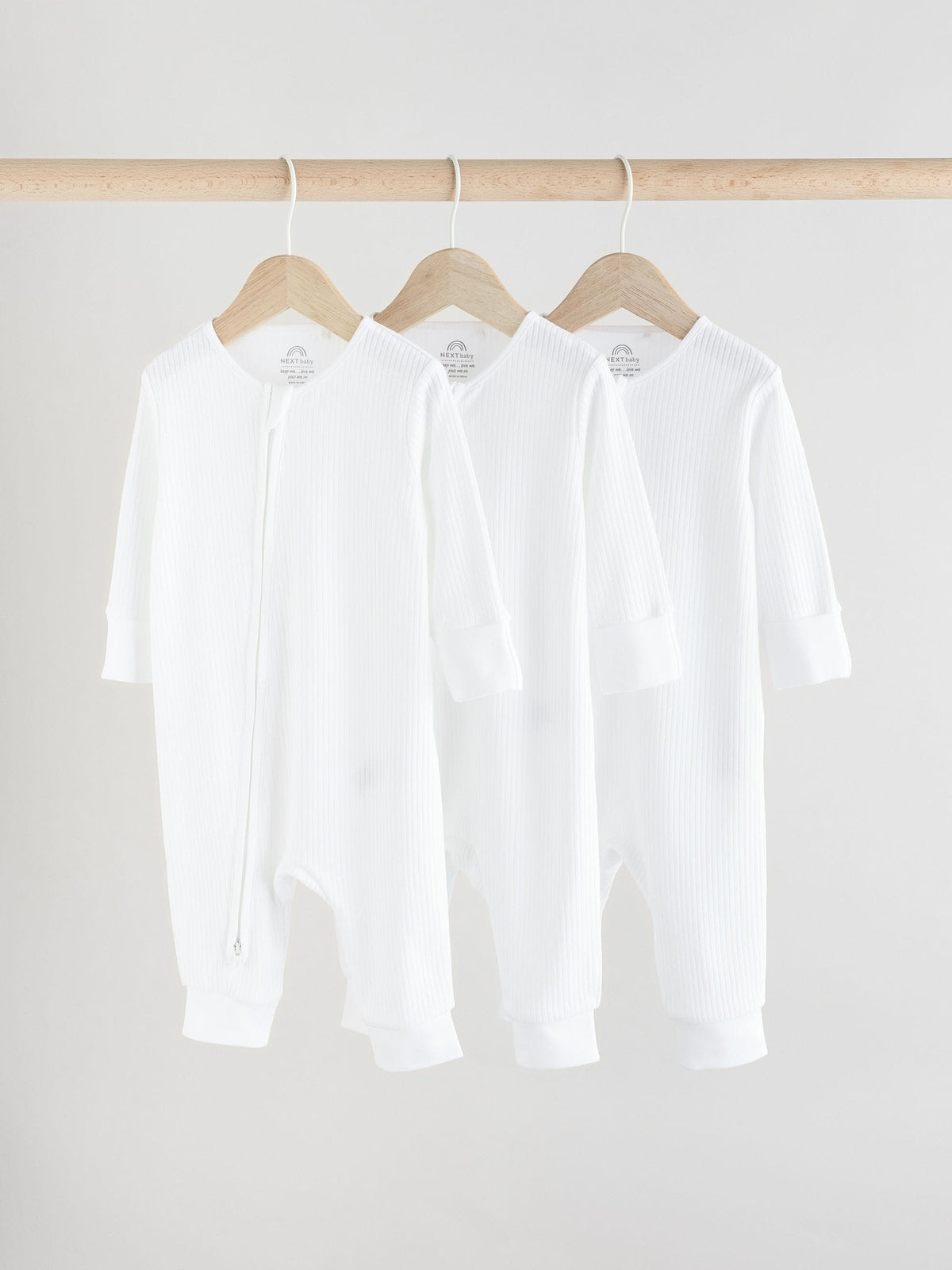 White 100% Cotton Two Way Zip Baby Footless Sleepsuits 3 Pack (0mths-2yrs)