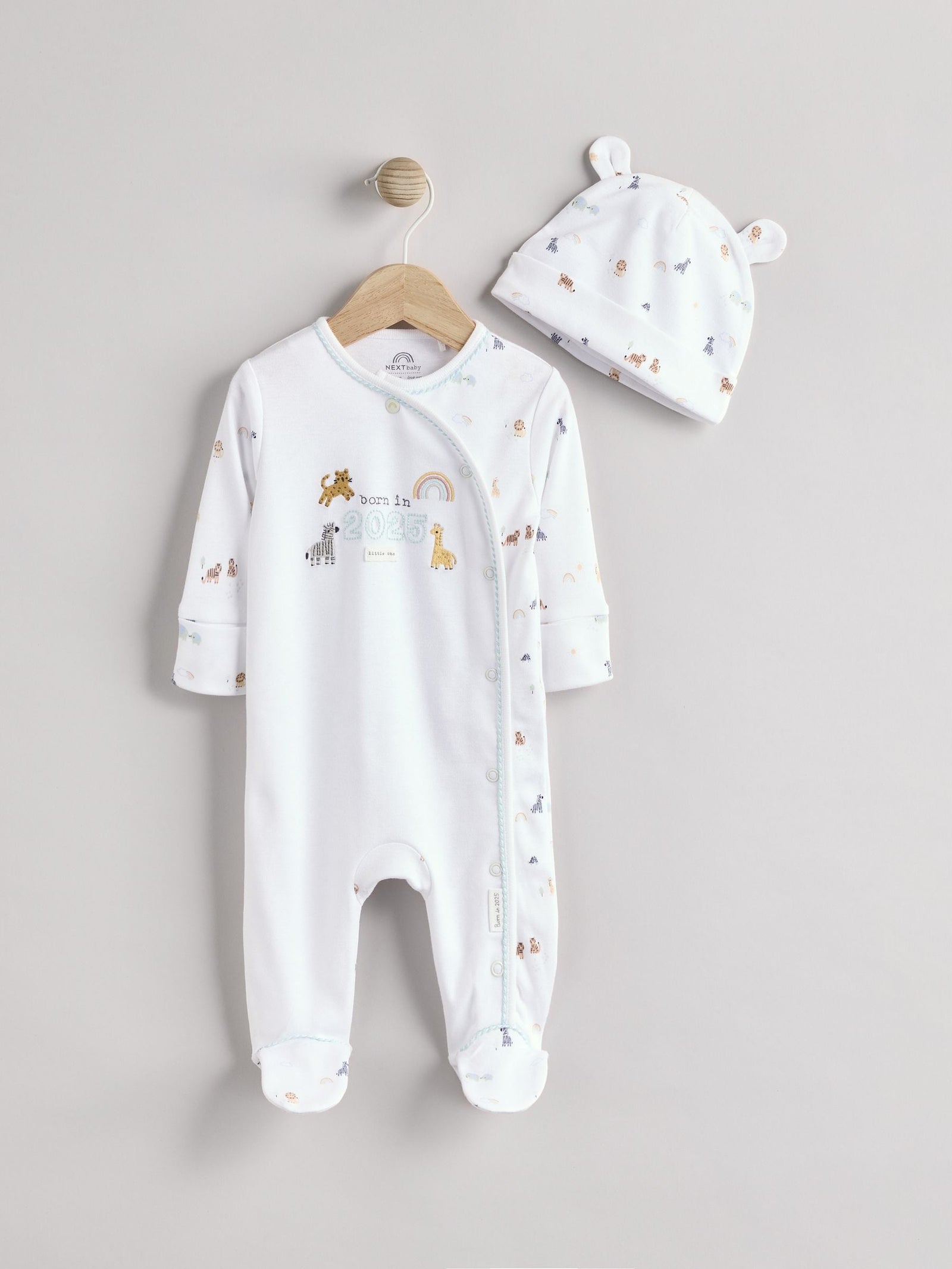 White Born in 2025 Baby Sleepsuit & Hat Set