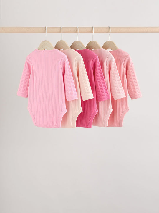 Bright Pink 5 Pack Long Sleeve Baby Bodysuits