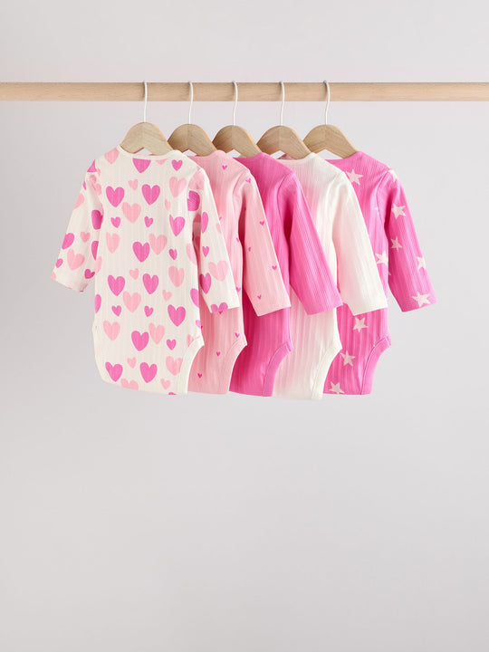Pink Star 5 Pack Long Sleeve Baby Bodysuits