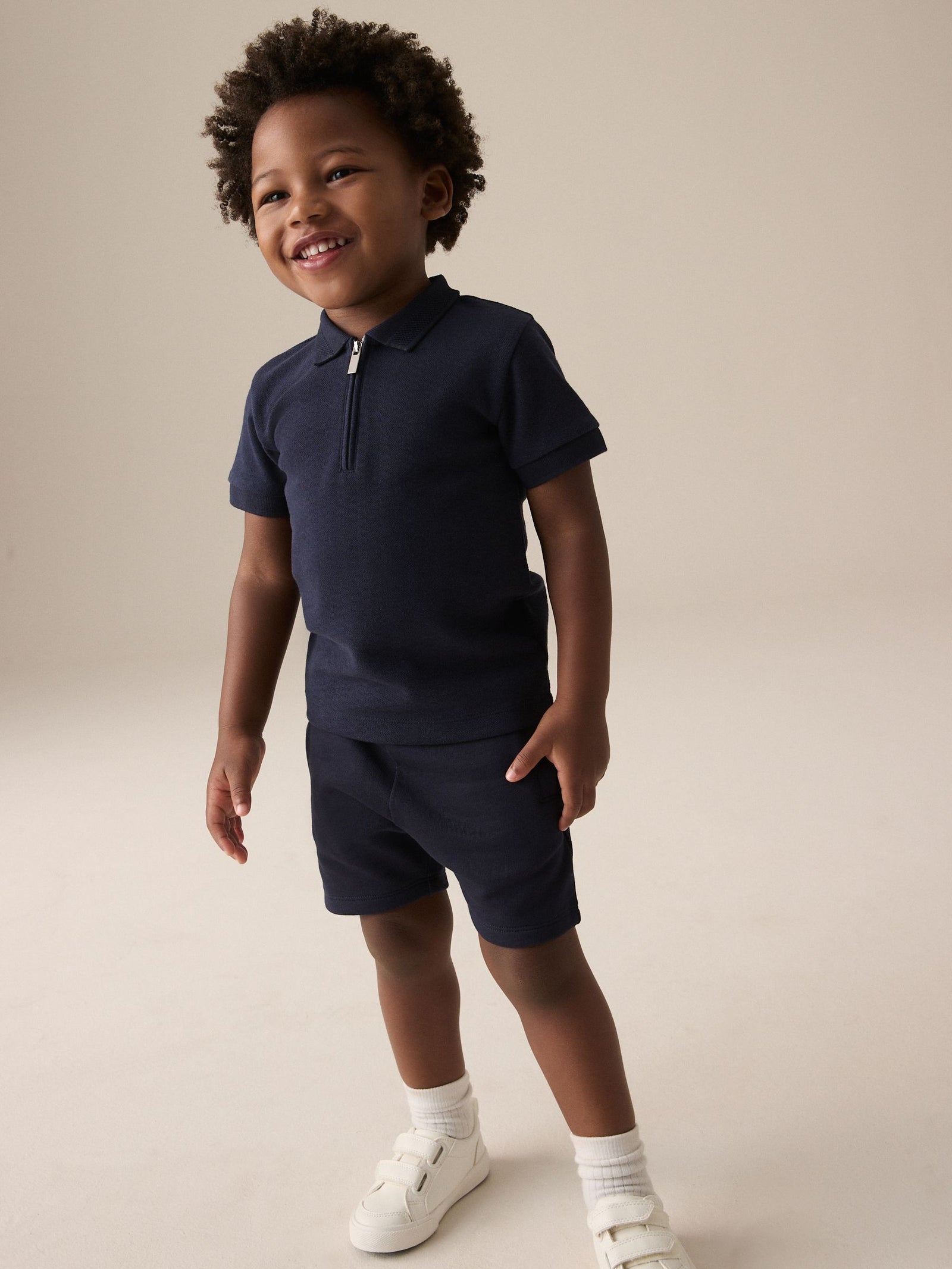 Navy Textured Short Sleeve Polo Shirt And Shorts Set (3mths-7yrs)
