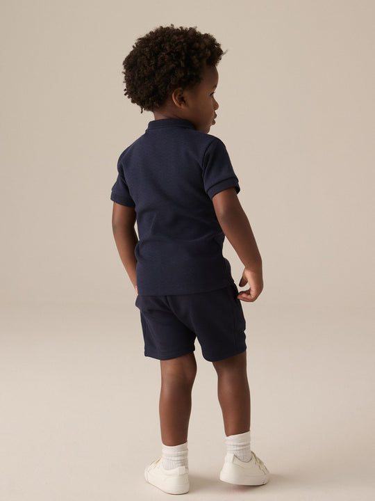 Navy Textured Short Sleeve Polo Shirt And Shorts Set (3mths-7yrs)