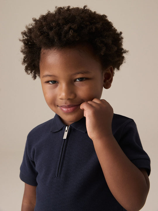 Navy Textured Short Sleeve Polo Shirt And Shorts Set (3mths-7yrs)
