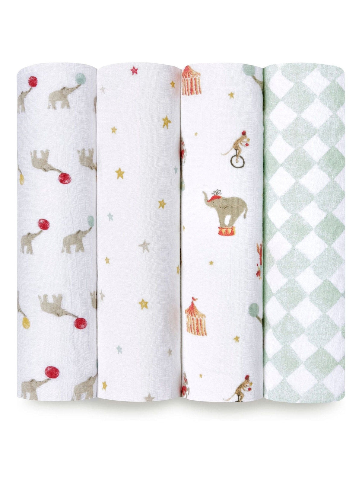 aden + anais White Essentials 100% Cotton Muslin Blanket Elephant Circus Muslins 4 Pack
