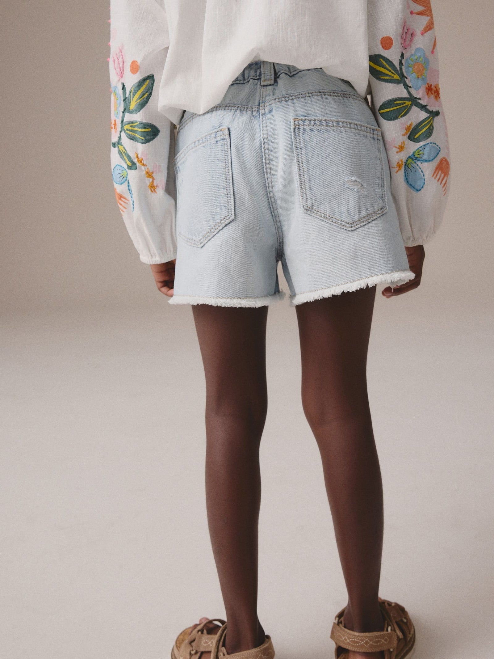 Light Blue 100% Cotton Frayed Edge Distressed Shorts (3-16yrs)