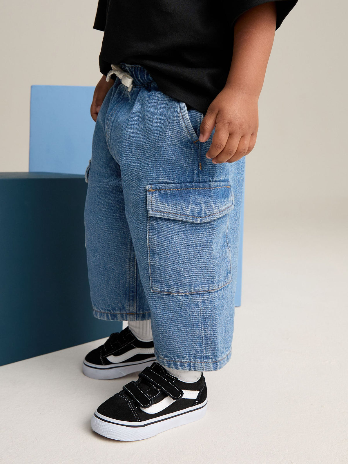 Mid Blue Denim Wide Leg Pull On Cargo Jeans (3mths-7yrs)