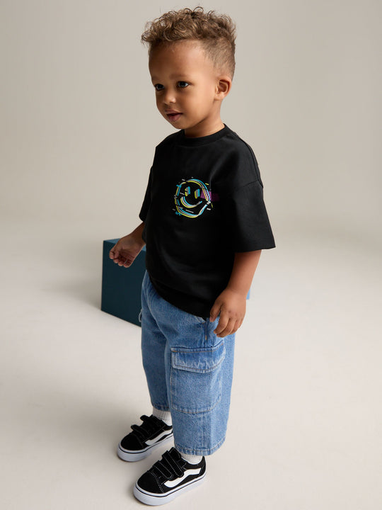 Mid Blue Denim Wide Leg Pull On Cargo 100% Cotton Jeans (3mths-7yrs)