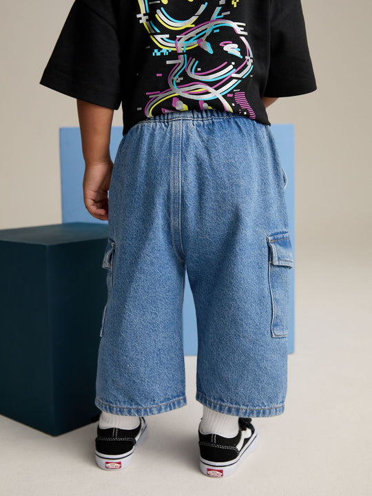 Mid Blue Denim Wide Leg Pull On Cargo 100% Cotton Jeans (3mths-7yrs)
