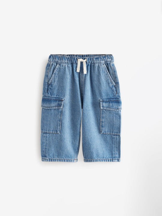 Mid Blue Denim Wide Leg Pull On Cargo 100% Cotton Jeans (3mths-7yrs)