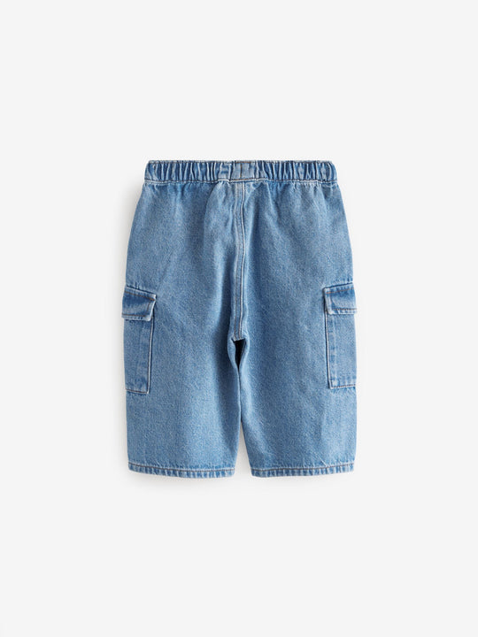 Mid Blue Denim Wide Leg Pull On Cargo 100% Cotton Jeans (3mths-7yrs)