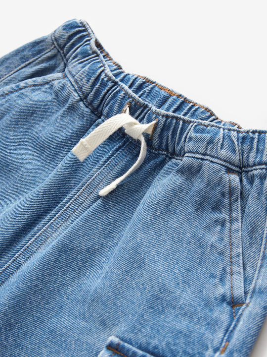 Mid Blue Denim Wide Leg Pull On Cargo 100% Cotton Jeans (3mths-7yrs)