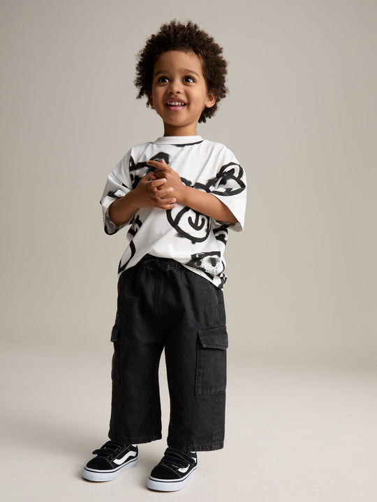 Black Denim Wide Leg Pull On Cargo 100% Cotton Jeans (3mths-7yrs)
