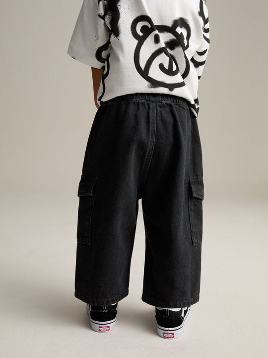 Black Denim Wide Leg Pull On Cargo 100% Cotton Jeans (3mths-7yrs)