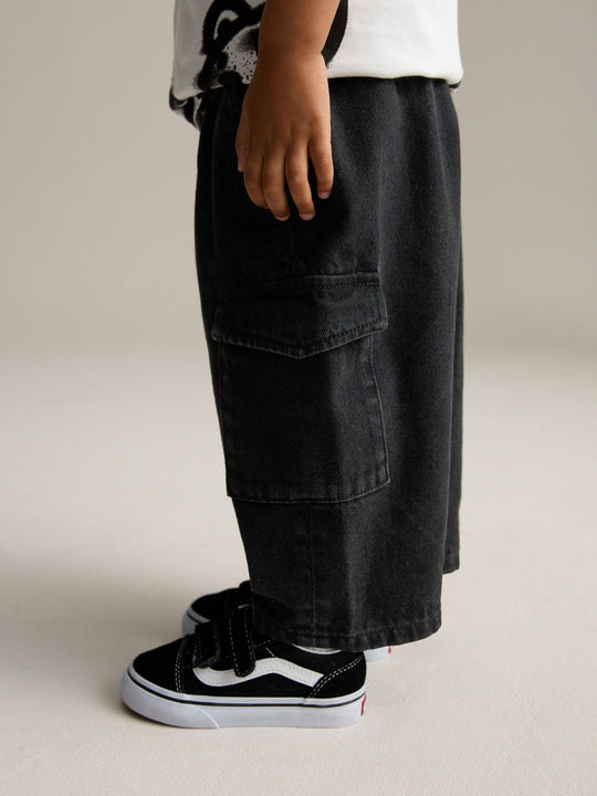 Black Denim Wide Leg Pull On Cargo 100% Cotton Jeans (3mths-7yrs)