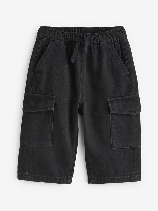 Black Denim Wide Leg Pull On Cargo 100% Cotton Jeans (3mths-7yrs)