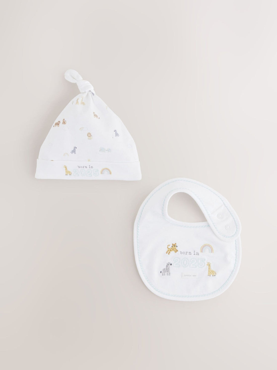 White Born in 2025 Hat and Bib Baby Set 2 Piece