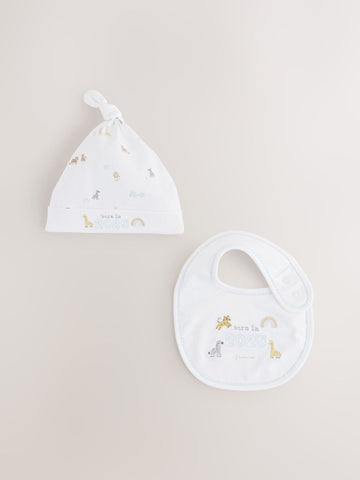 White Born in 2025 Hat and Bib Baby Set 2 Piece