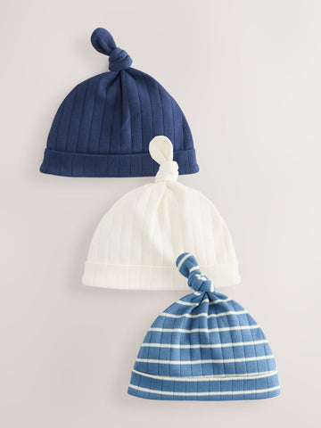 Blue Tie Top 100% Cotton Hats 3 Pack (0-12mths)