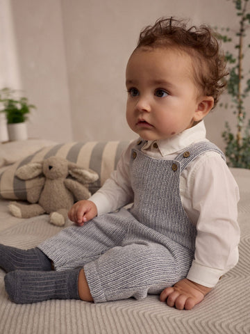 Grey/White Woven Cotton Baby Dungaree and Bodysuit Set (0mths-3yrs)