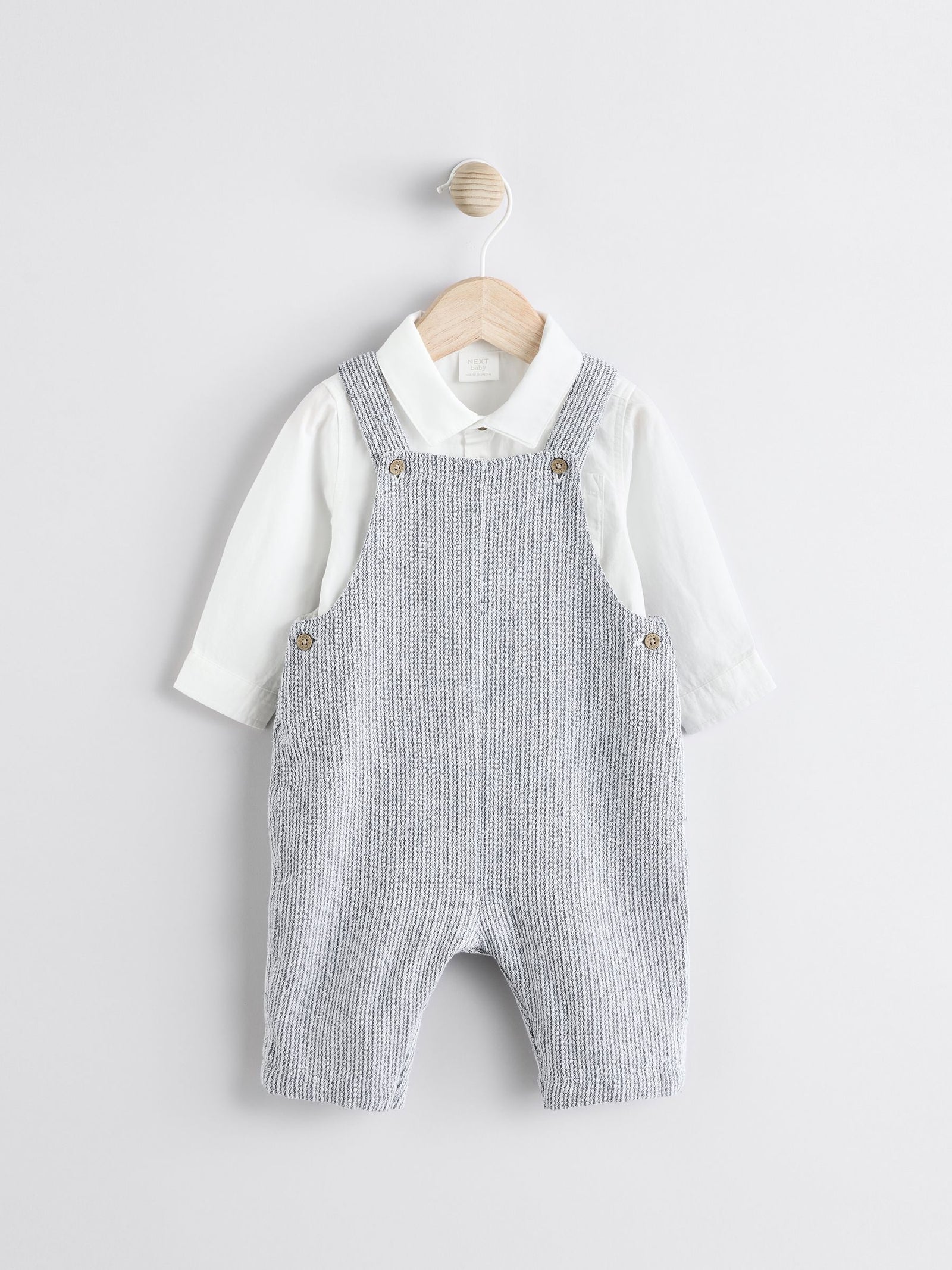 Grey/White Woven Cotton Baby Dungaree and Bodysuit Set (0mths-3yrs)