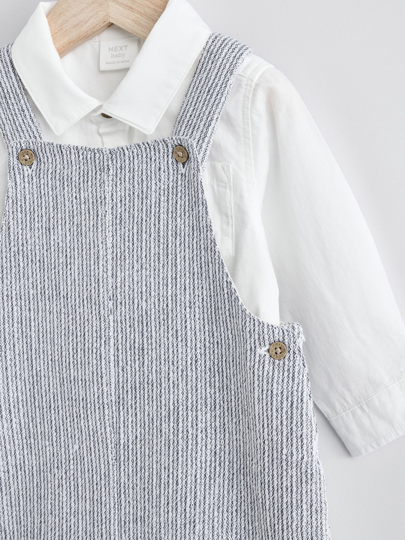 Grey/White Woven Cotton Baby Dungaree and Bodysuit Set (0mths-3yrs)