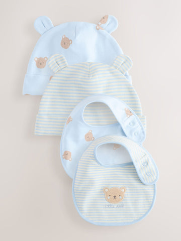 Blue Bear Baby Beanie and Bibs 4 Piece Set