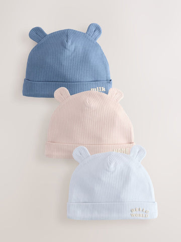 Blue 100% Cotton Slogan Baby Beanie Hats 3 Pack (0-18mths)